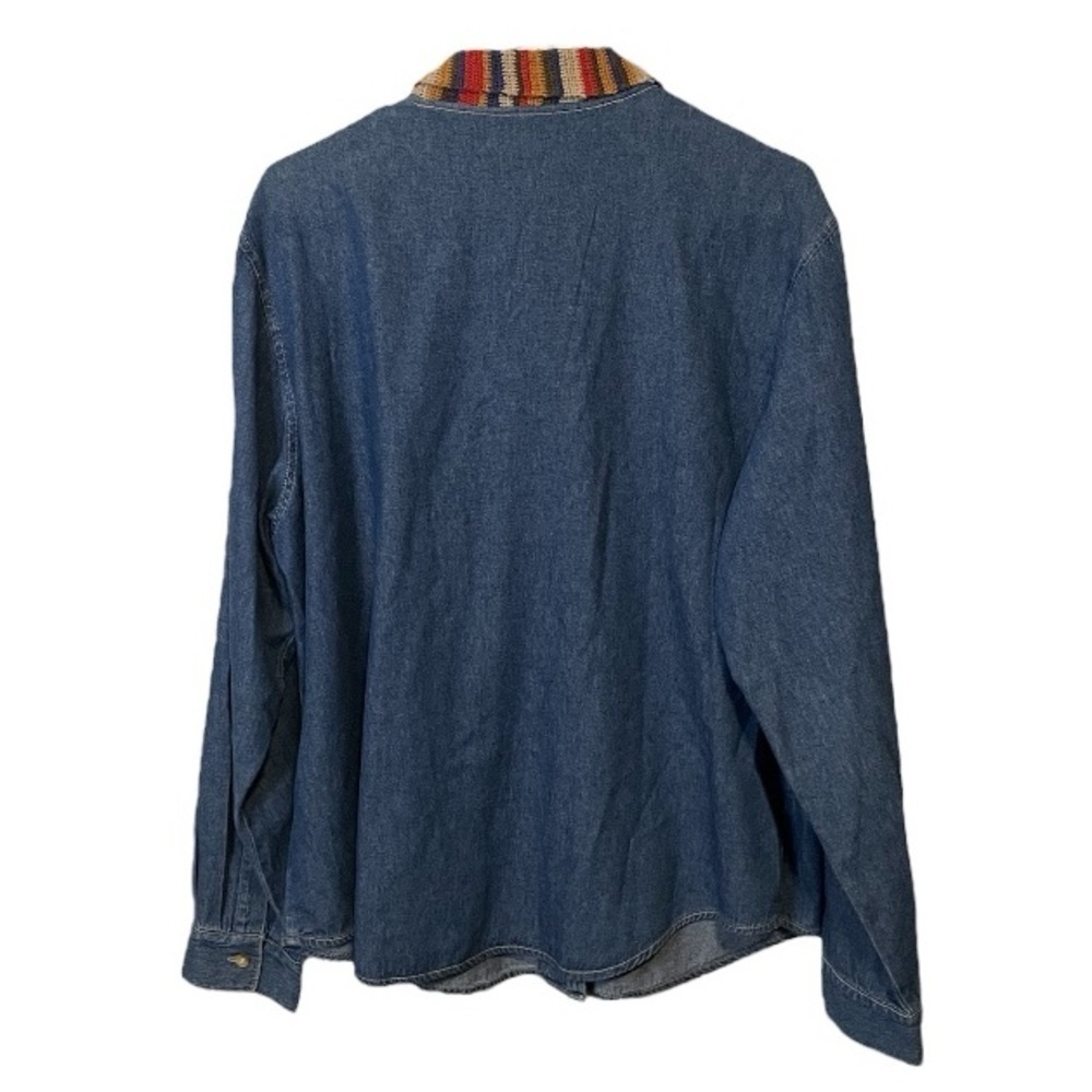 1980s HIPSTER Denim Jean Jacket Blouse Colorful Embroidered Collar Denim Size 18 - Picture 3 of 6